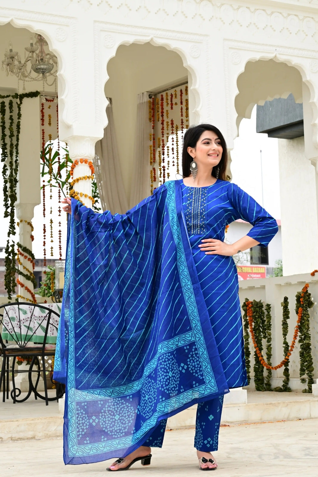 Blue Pure Mal Cotton 3-Piece Suit Set with Leheriya Neck Embroidery