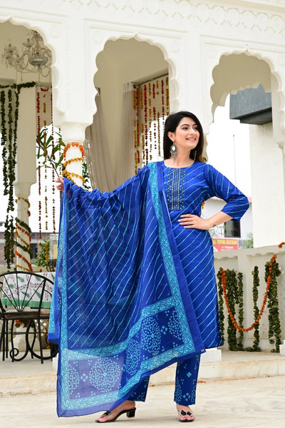 Blue Pure Mal Cotton 3-Piece Suit Set with Leheriya Neck Embroidery