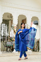 Blue Pure Mal Cotton 3-Piece Suit Set with Leheriya Neck Embroidery