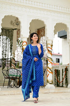 Blue Pure Mal Cotton 3-Piece Suit Set with Leheriya Neck Embroidery