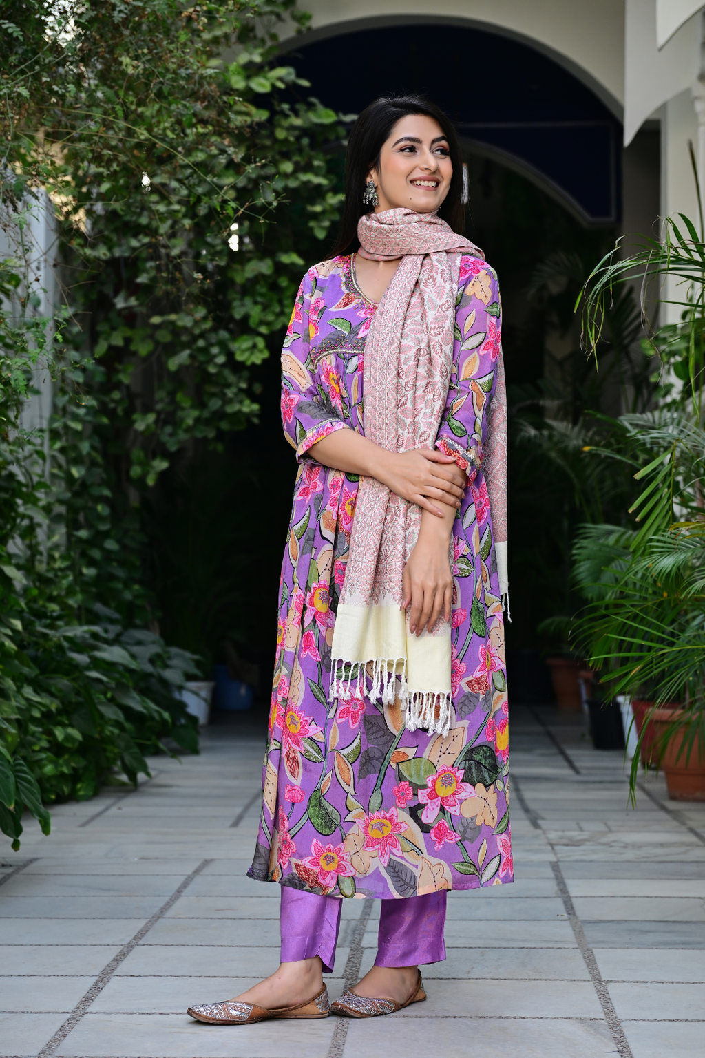 Soft Pastel Shawl with Floral & Geometric Weaving