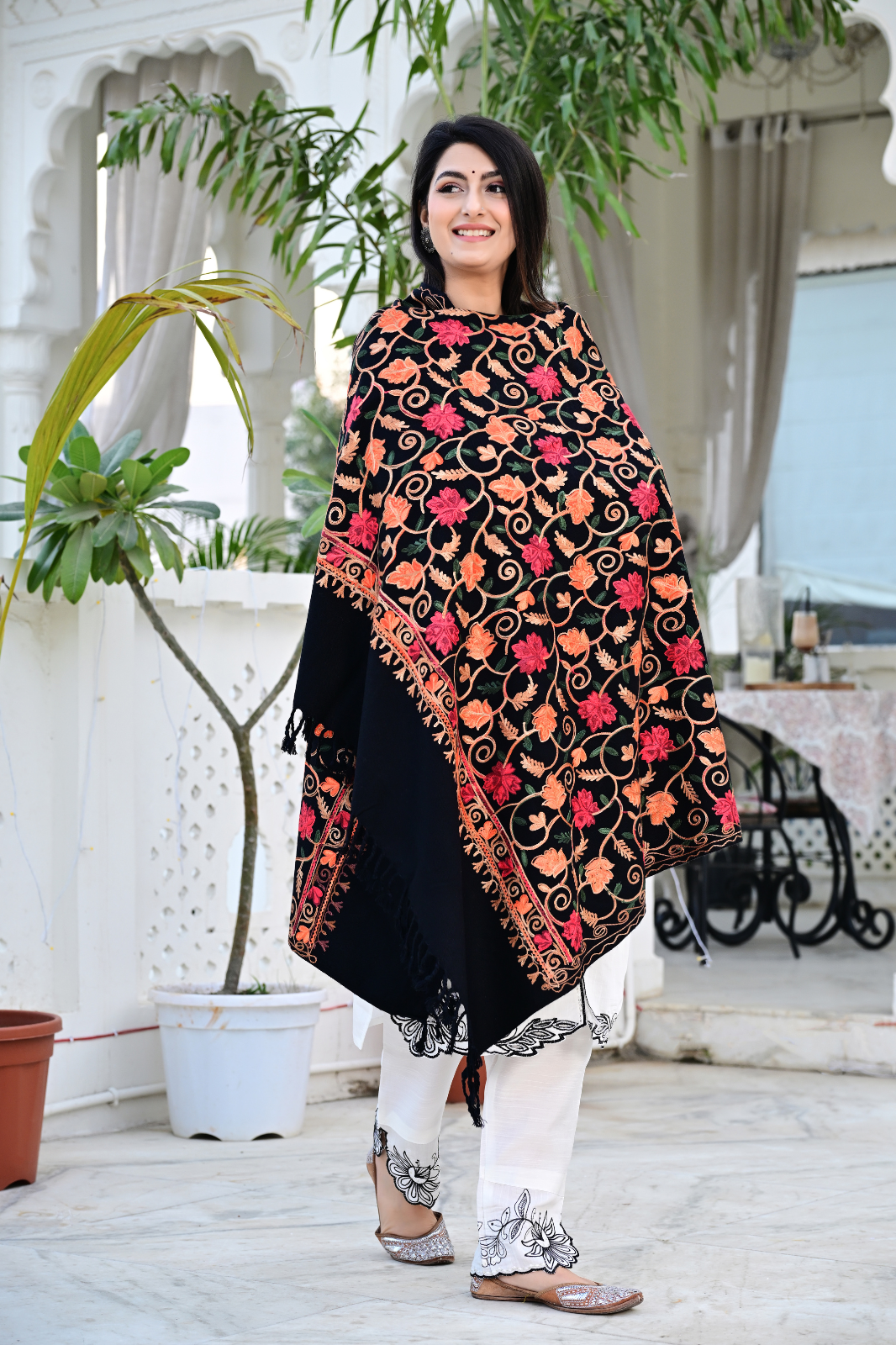 Elevate Your Style with Our Premium Black Shawl Featuring Artistic Patterns