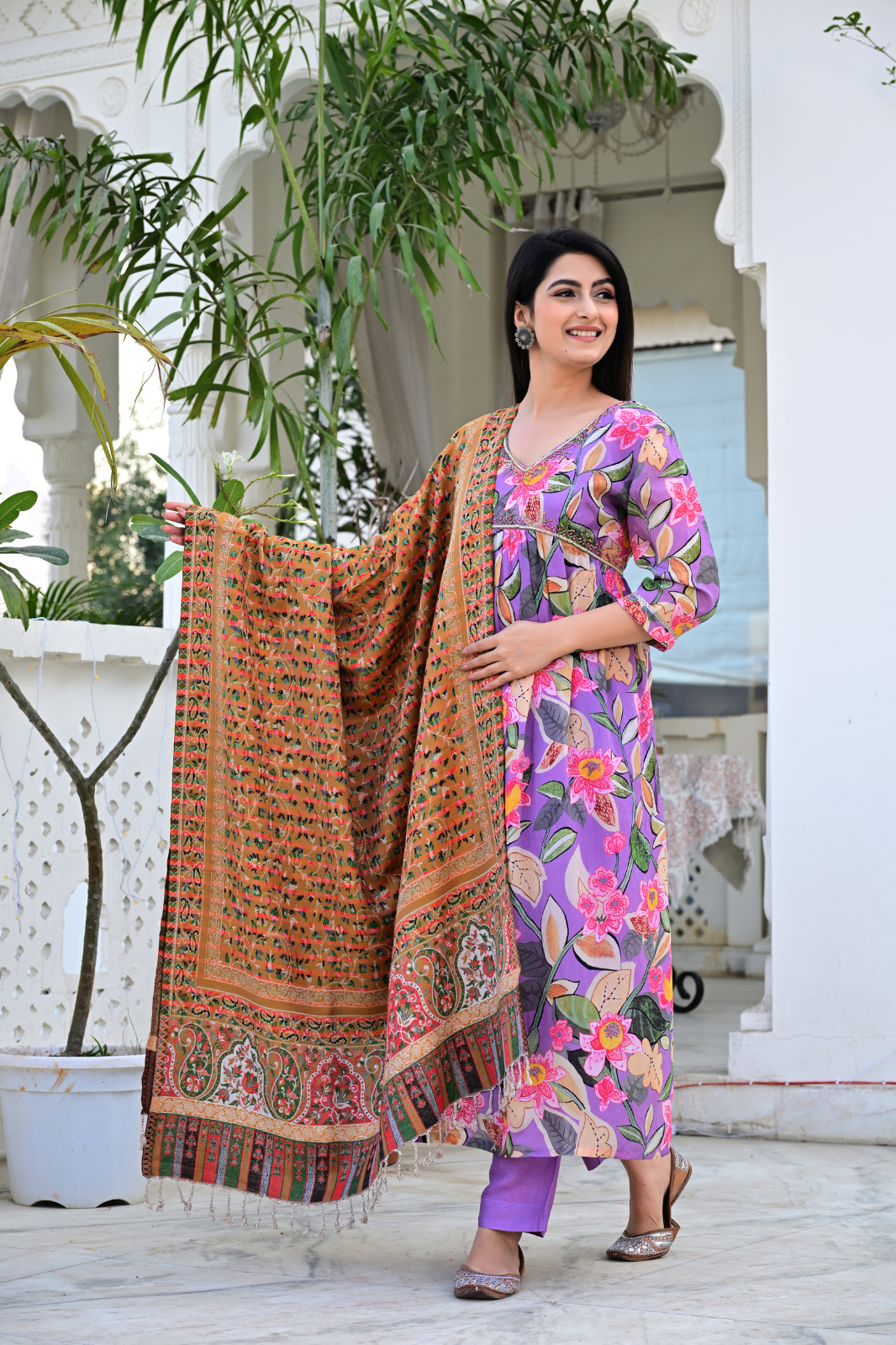 Traditional Woven Shawl with Vibrant Floral Motifs & Festive Colors