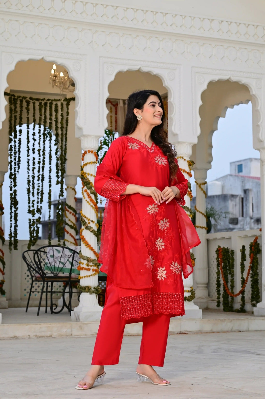 Red Cotton 3-Piece Suit Set with Heavy Embroidery & Organza Dupatta
