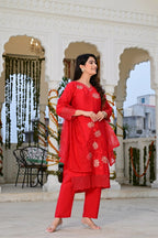 Red Cotton 3-Piece Suit Set with Heavy Embroidery & Organza Dupatta