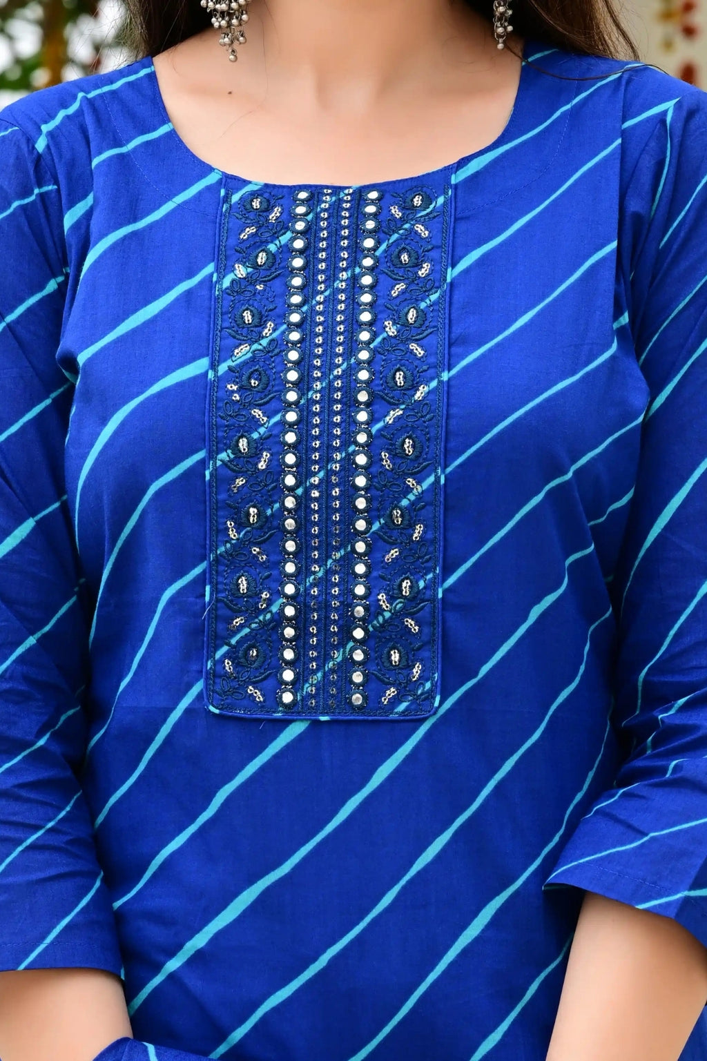 Blue Pure Mal Cotton 3-Piece Suit Set with Leheriya Neck Embroidery