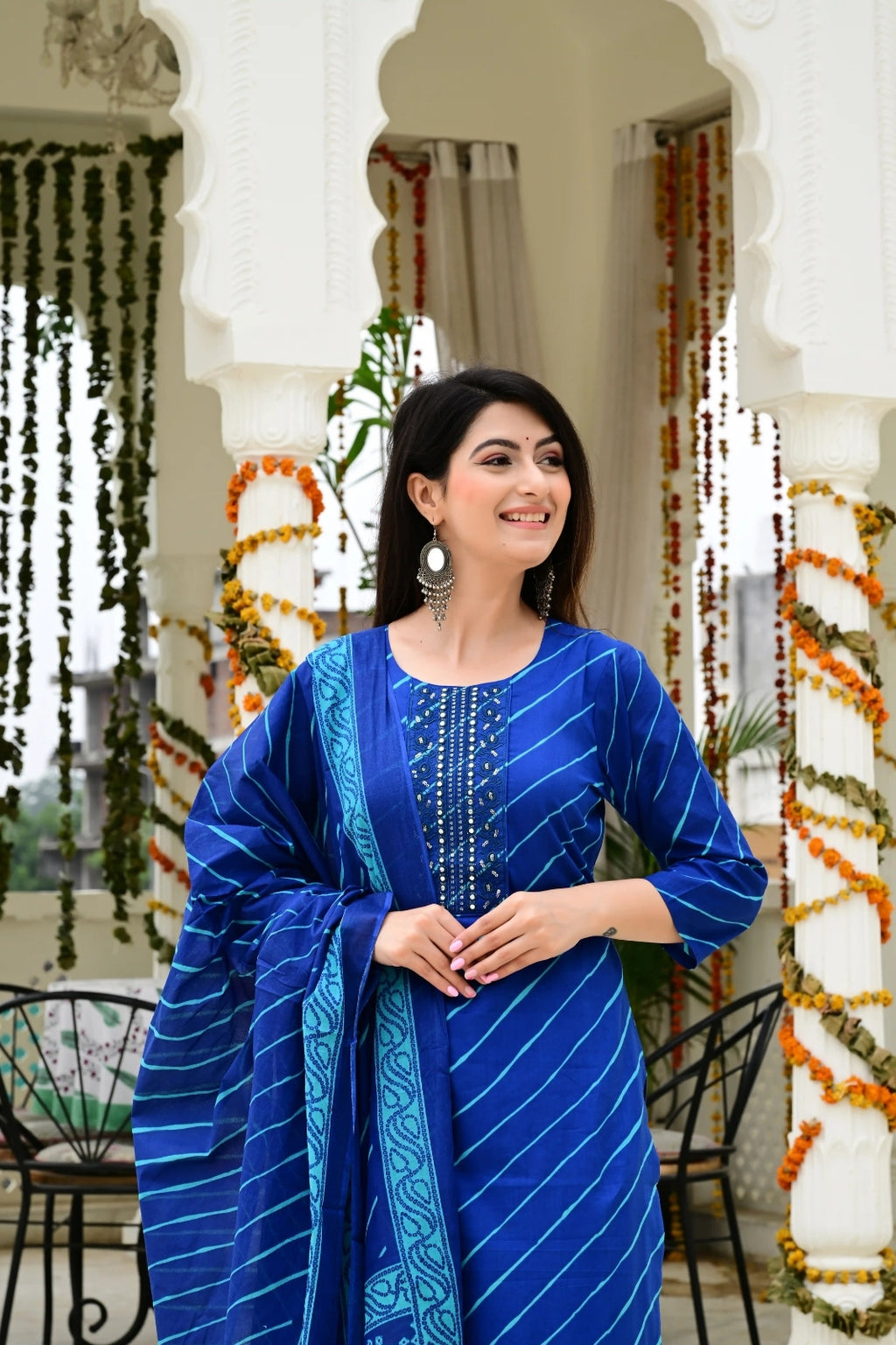 Blue Pure Mal Cotton 3-Piece Suit Set with Leheriya Neck Embroidery