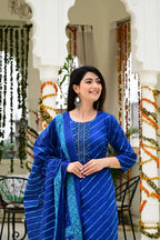 Blue Pure Mal Cotton 3-Piece Suit Set with Leheriya Neck Embroidery