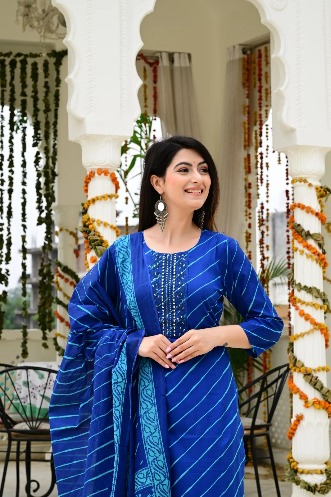 Blue Pure Mal Cotton 3-Piece Suit Set with Leheriya Neck Embroidery
