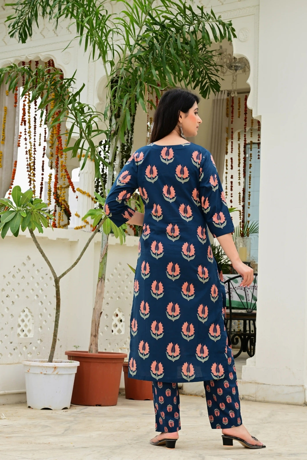 Blue Pure Cotton 3-Piece Suit Set with Mirror & Neck Embroidery