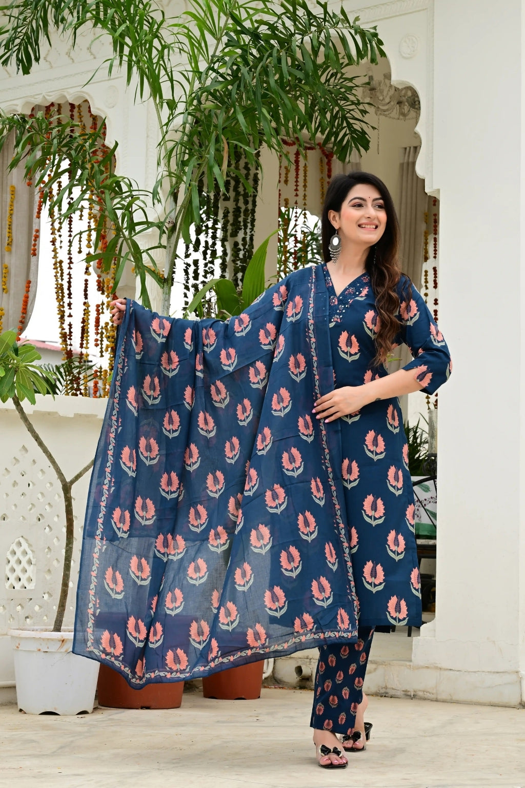 Blue Pure Cotton 3-Piece Suit Set with Mirror & Neck Embroidery