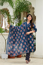 Blue Pure Cotton 3-Piece Suit Set with Mirror & Neck Embroidery