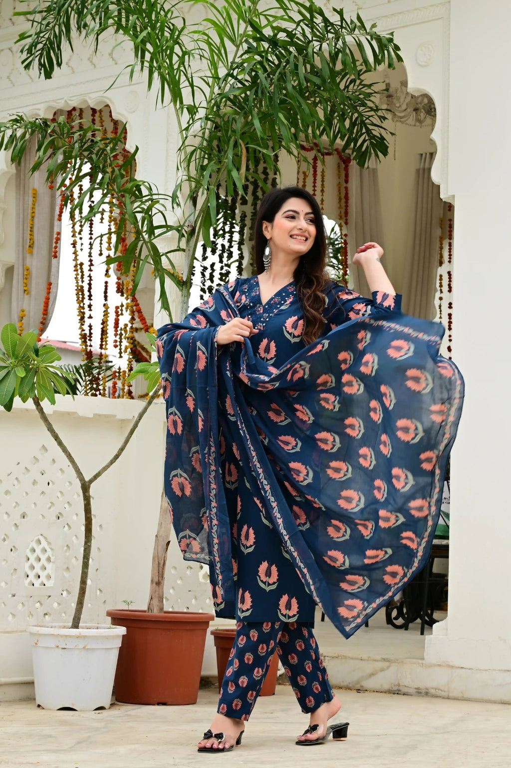 Blue Pure Cotton 3-Piece Suit Set with Mirror & Neck Embroidery