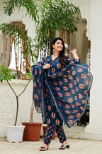 Blue Pure Cotton 3-Piece Suit Set with Mirror & Neck Embroidery