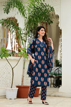 Blue Pure Cotton 3-Piece Suit Set with Mirror & Neck Embroidery