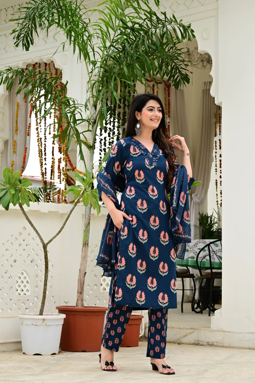 Blue Pure Cotton 3-Piece Suit Set with Mirror & Neck Embroidery