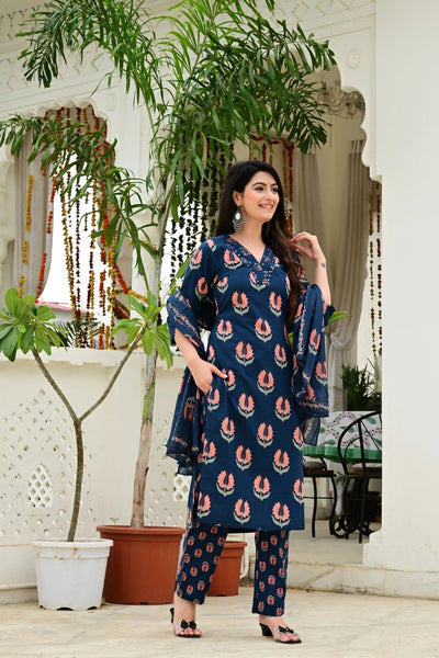 Blue Pure Cotton 3-Piece Suit Set with Mirror & Neck Embroidery