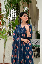 Blue Pure Cotton 3-Piece Suit Set with Mirror & Neck Embroidery