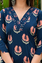 Blue Pure Cotton 3-Piece Suit Set with Mirror & Neck Embroidery