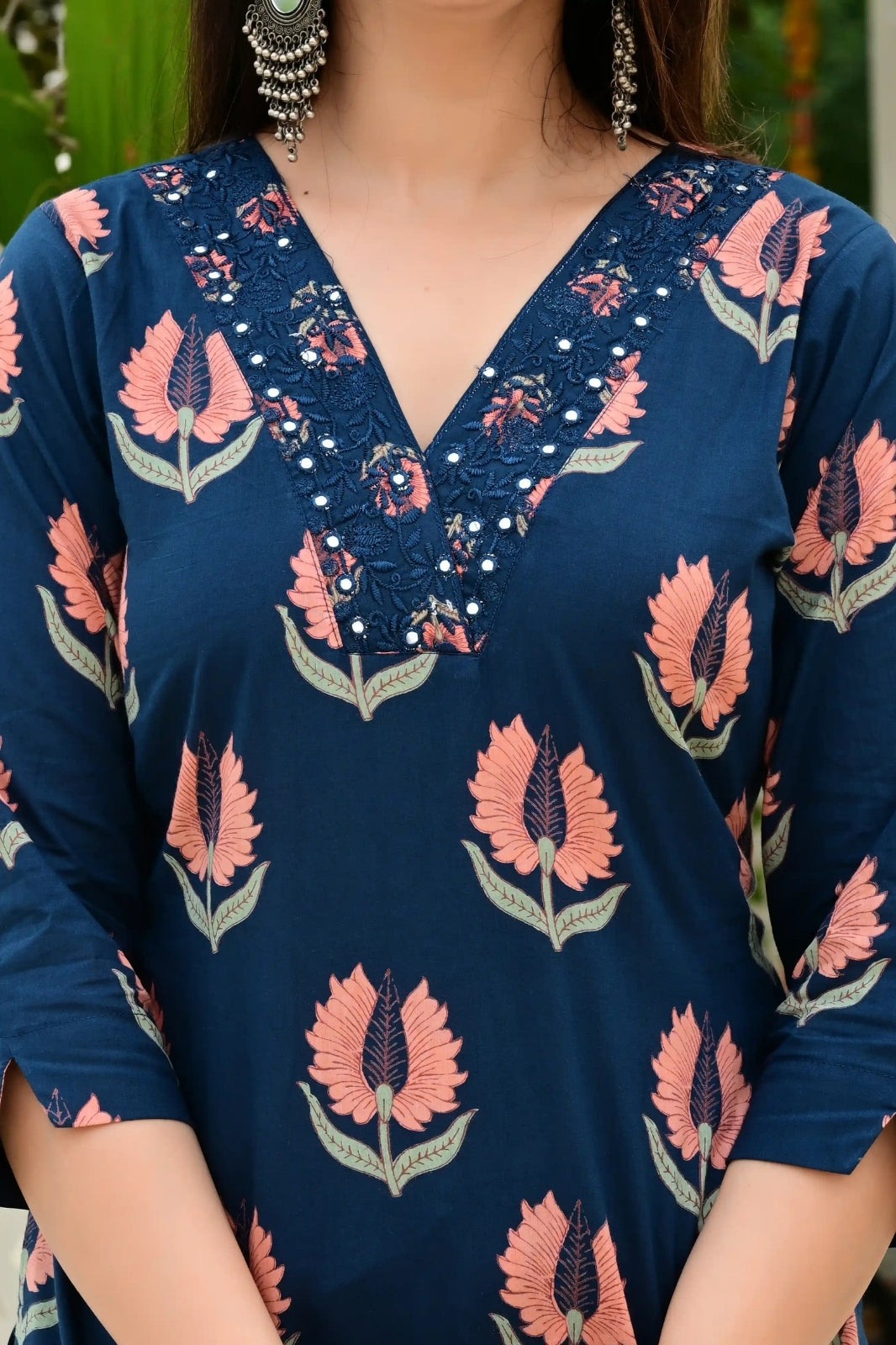 Blue Pure Cotton 3-Piece Suit Set with Mirror & Neck Embroidery