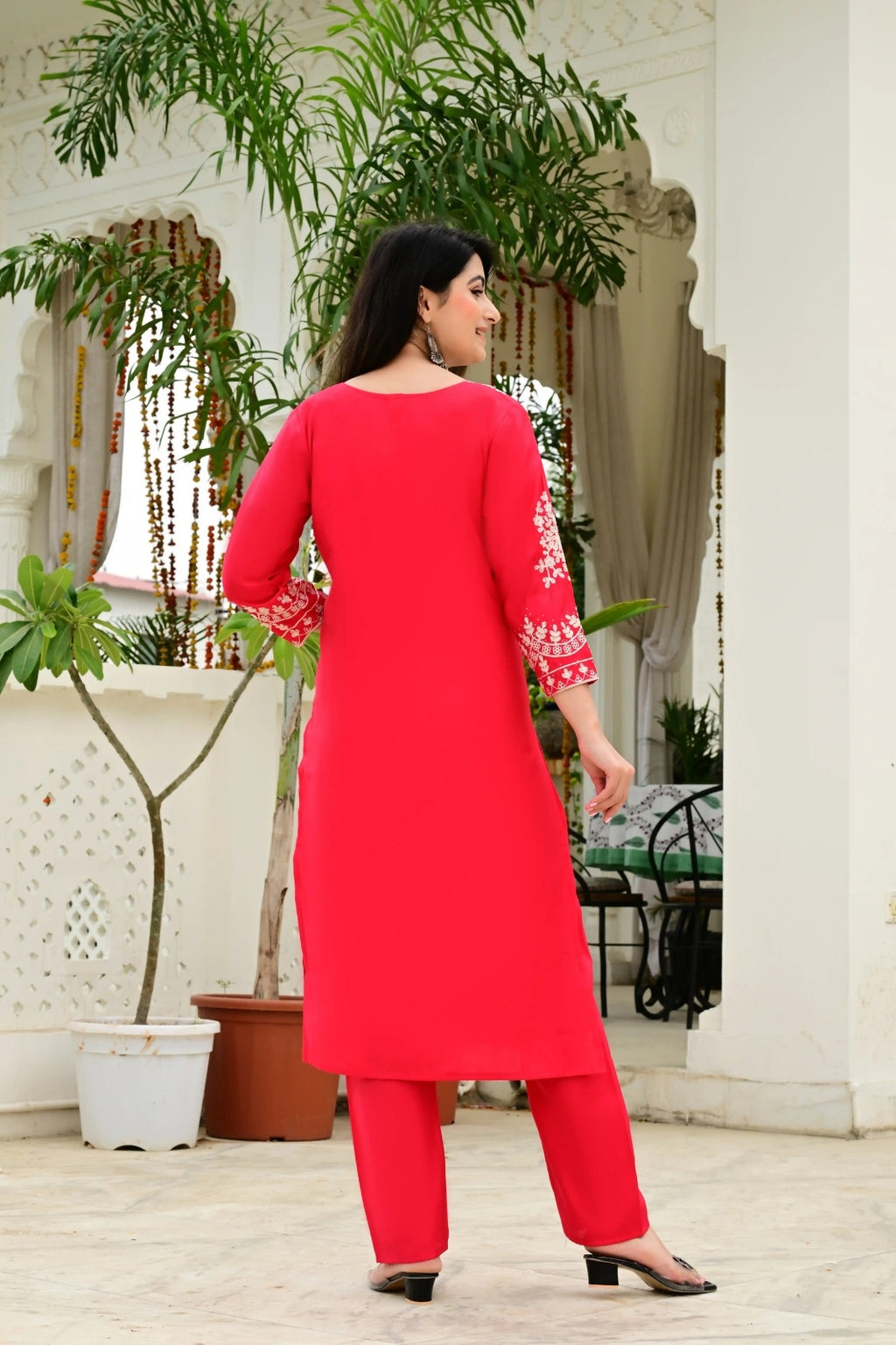 Red Synthetic 3-Piece Suit Set with Heavy Embroidery & Organza Dupatta