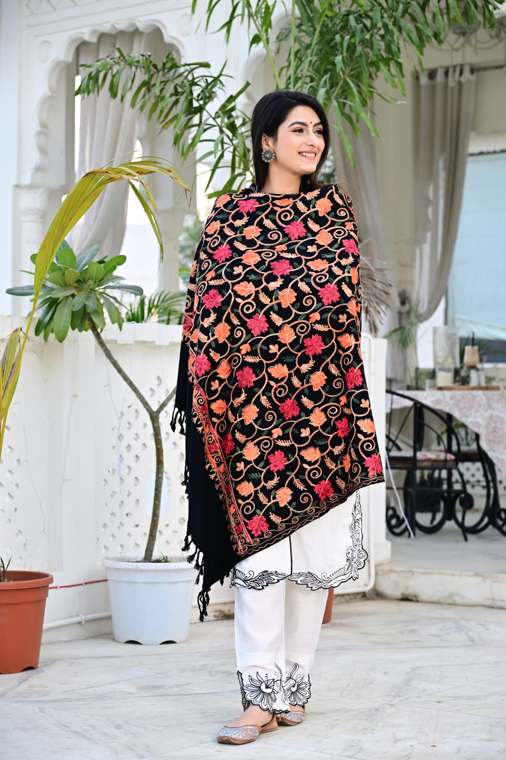Elevate Your Style with Our Premium Black Shawl Featuring Artistic Patterns