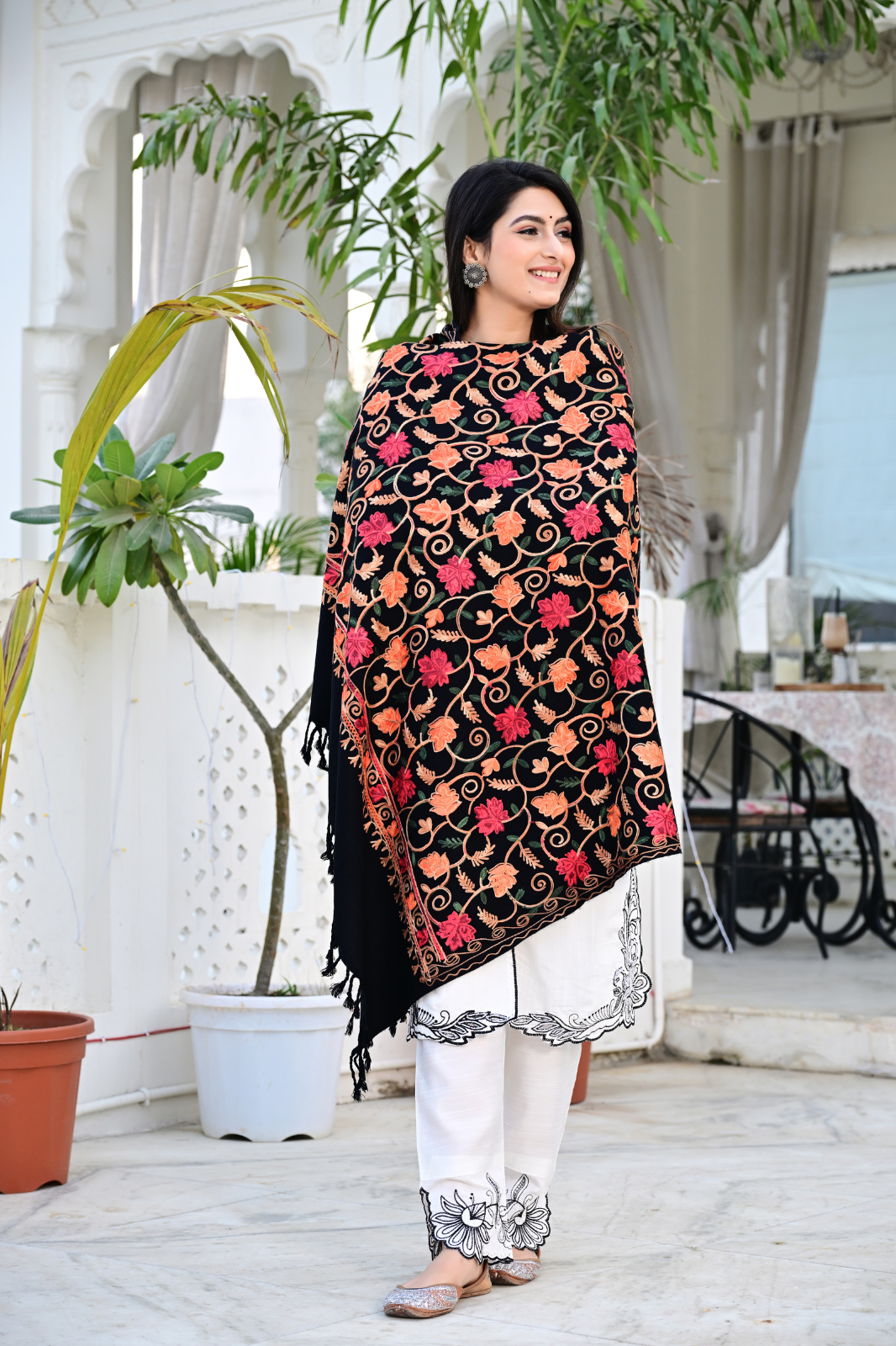 Elevate Your Style with Our Premium Black Shawl Featuring Artistic Patterns