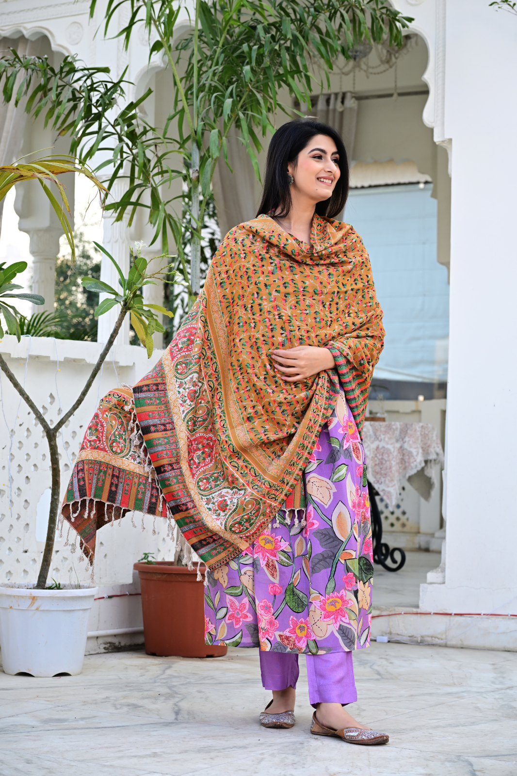 Traditional Woven Shawl with Vibrant Floral Motifs & Festive Colors