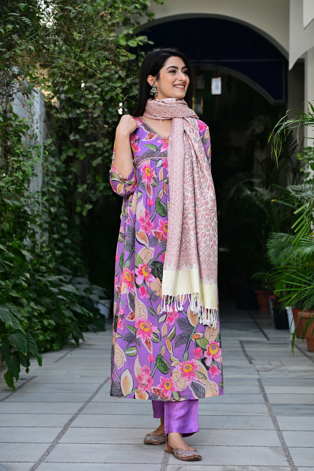 Soft Pastel Shawl with Floral & Geometric Weaving