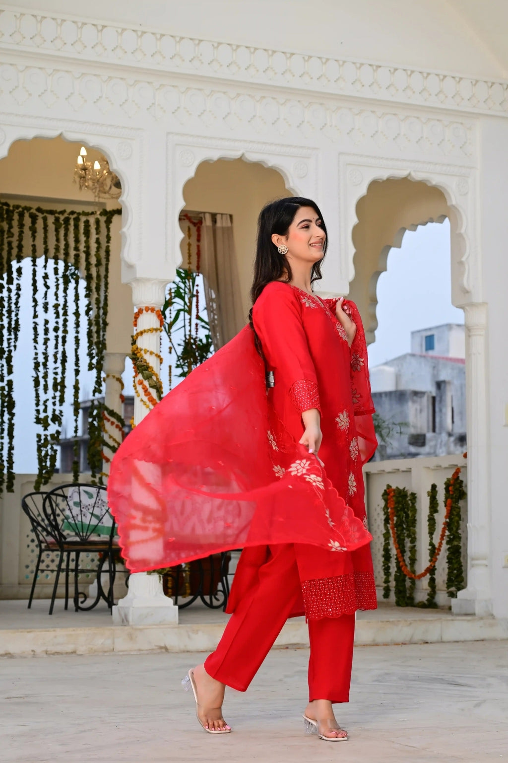 Red Cotton 3-Piece Suit Set with Heavy Embroidery & Organza Dupatta