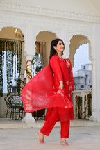 Red Cotton 3-Piece Suit Set with Heavy Embroidery & Organza Dupatta