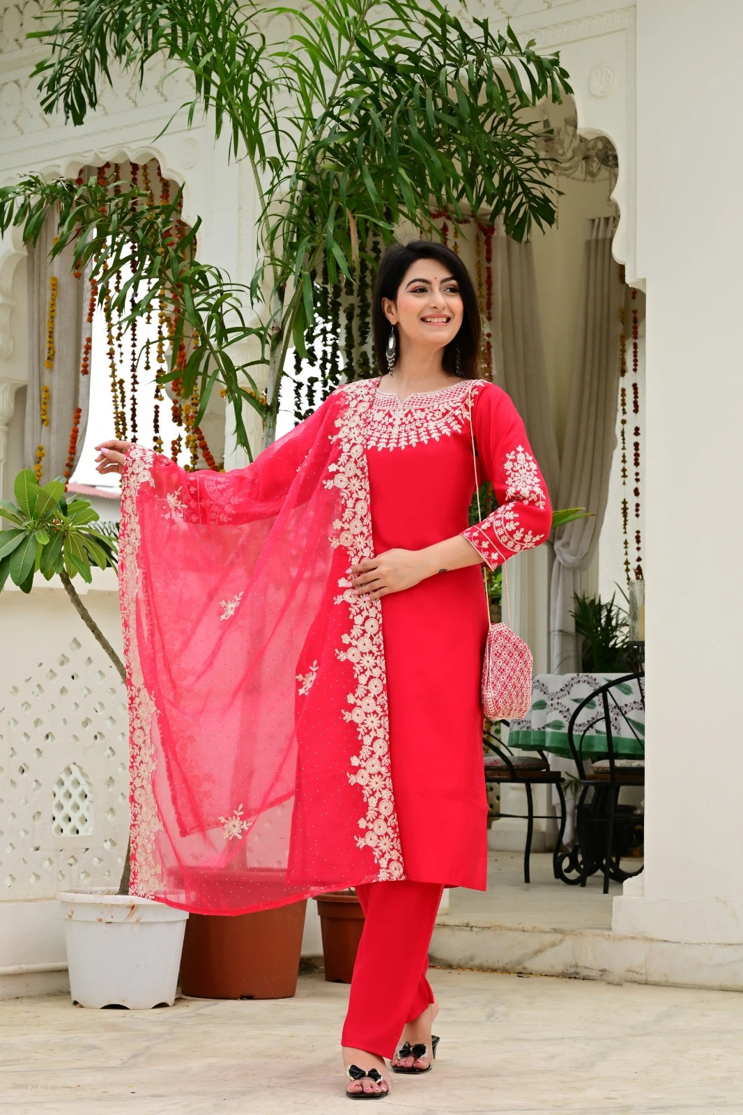 Red Synthetic 3-Piece Suit Set with Heavy Embroidery & Organza Dupatta
