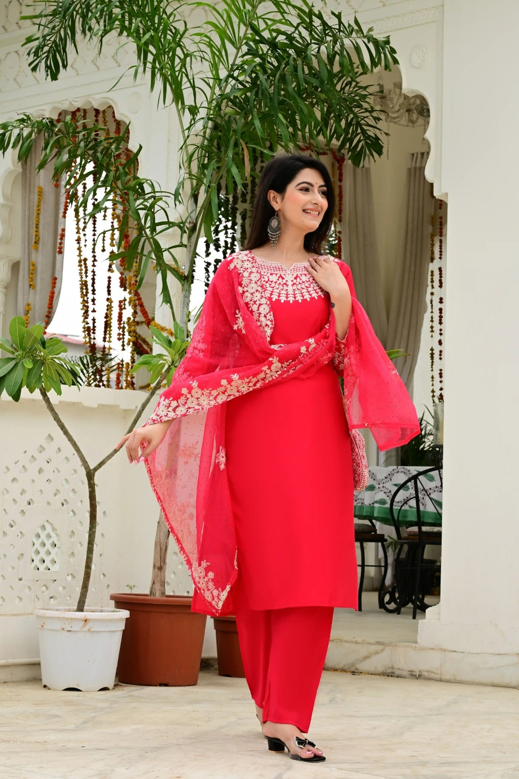 Red Synthetic 3-Piece Suit Set with Heavy Embroidery & Organza Dupatta