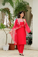 Red Synthetic 3-Piece Suit Set with Heavy Embroidery & Organza Dupatta