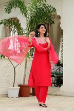 Red Synthetic 3-Piece Suit Set with Heavy Embroidery & Organza Dupatta