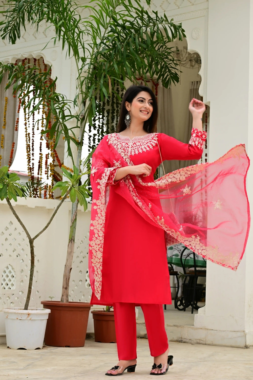 Red Synthetic 3-Piece Suit Set with Heavy Embroidery & Organza Dupatta