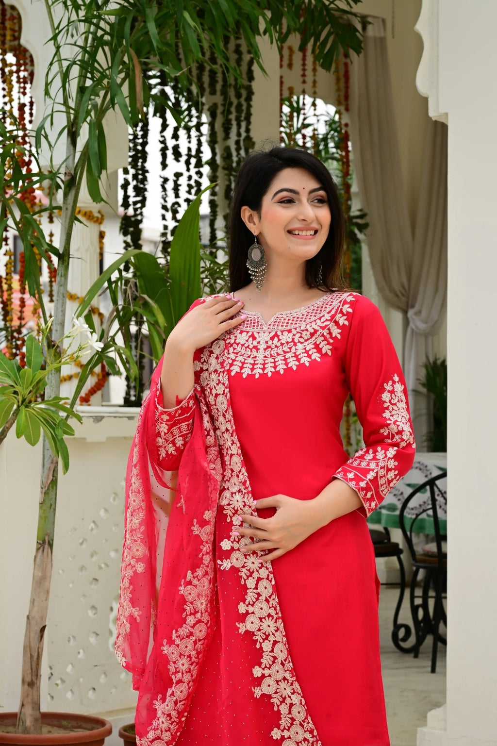 Red Synthetic 3-Piece Suit Set with Heavy Embroidery & Organza Dupatta