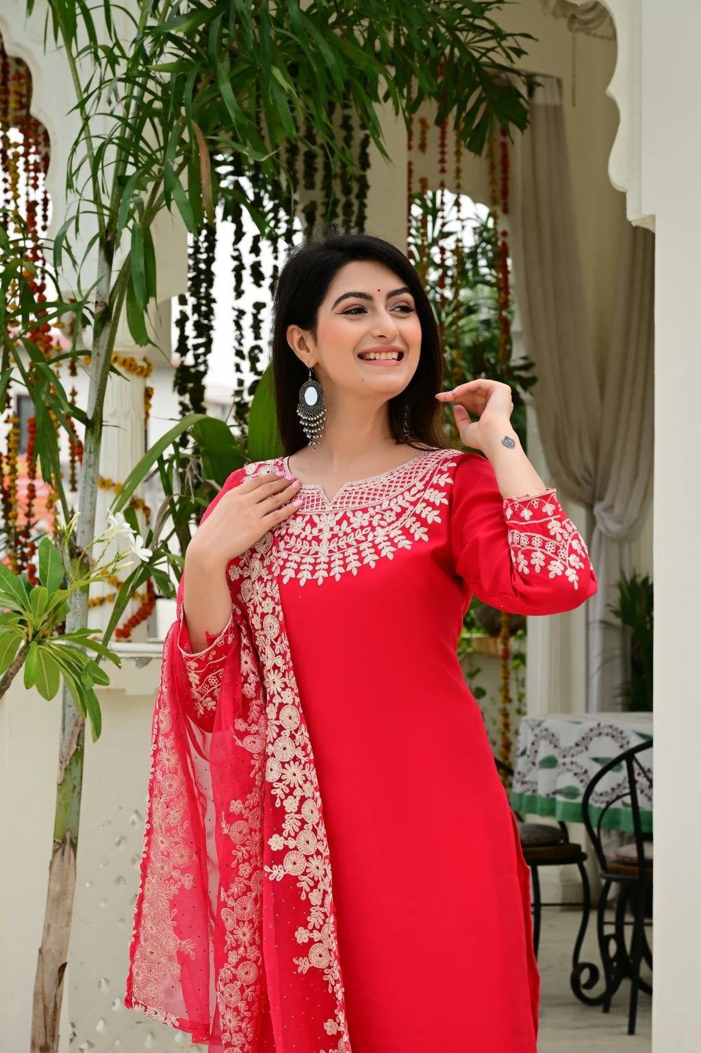 Red Synthetic 3-Piece Suit Set with Heavy Embroidery & Organza Dupatta