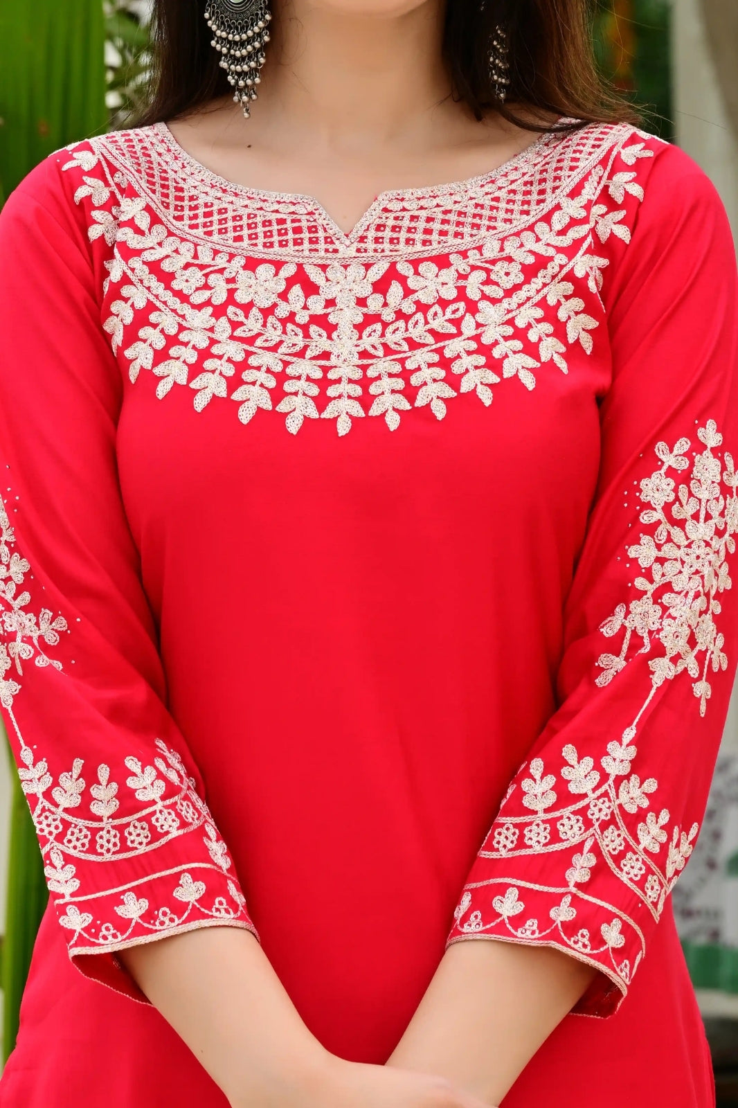 Red Synthetic 3-Piece Suit Set with Heavy Embroidery & Organza Dupatta