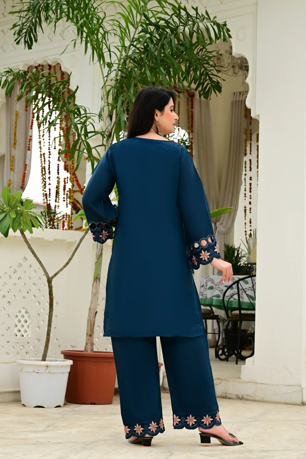 Teal Blue Organza Tissue 2-Piece Embroidered Cord Set