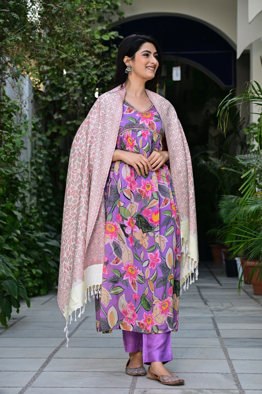 Soft Pastel Shawl with Floral & Geometric Weaving