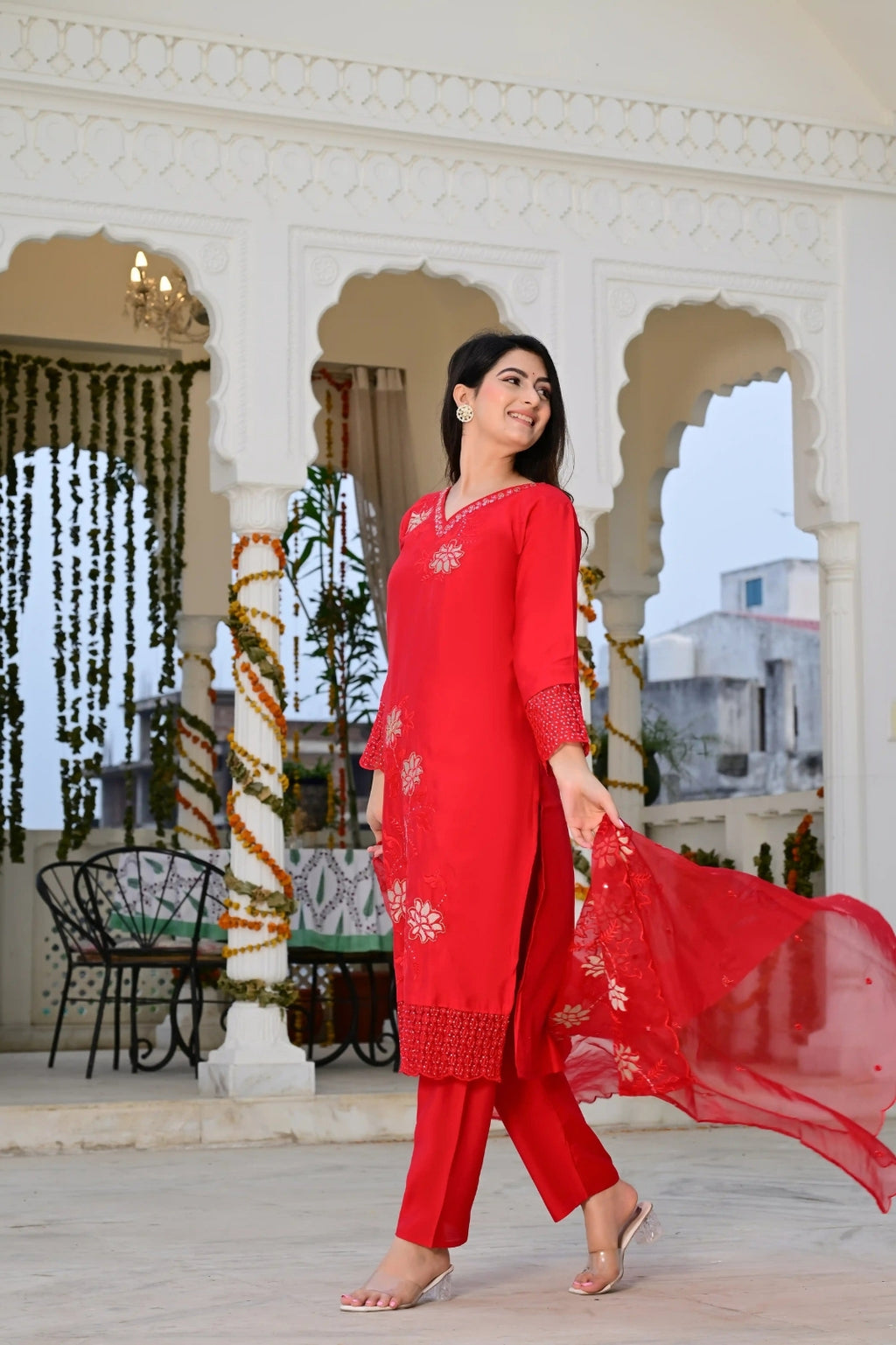 Red Cotton 3-Piece Suit Set with Heavy Embroidery & Organza Dupatta