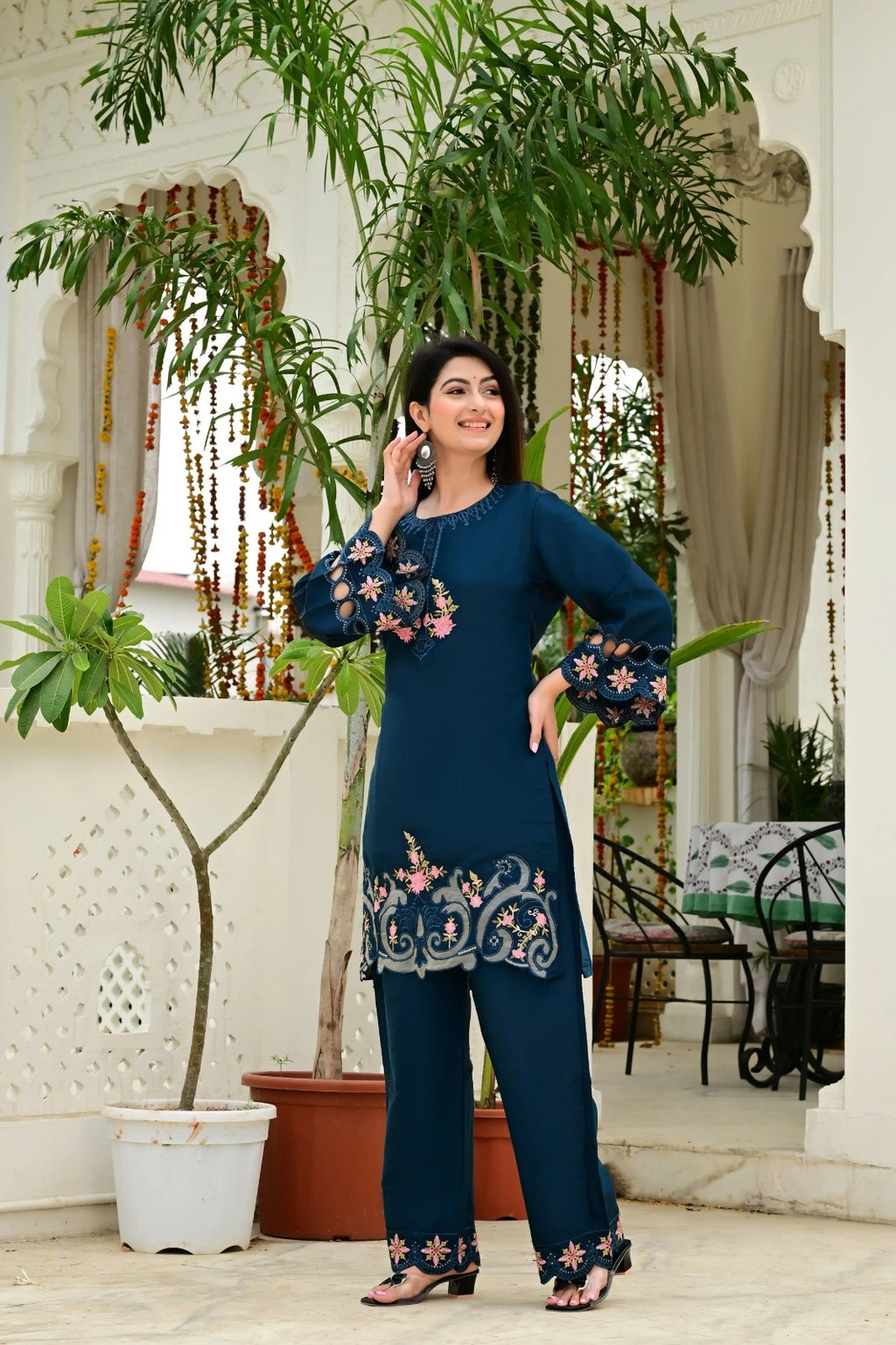 Teal Blue Organza Tissue 2-Piece Embroidered Cord Set