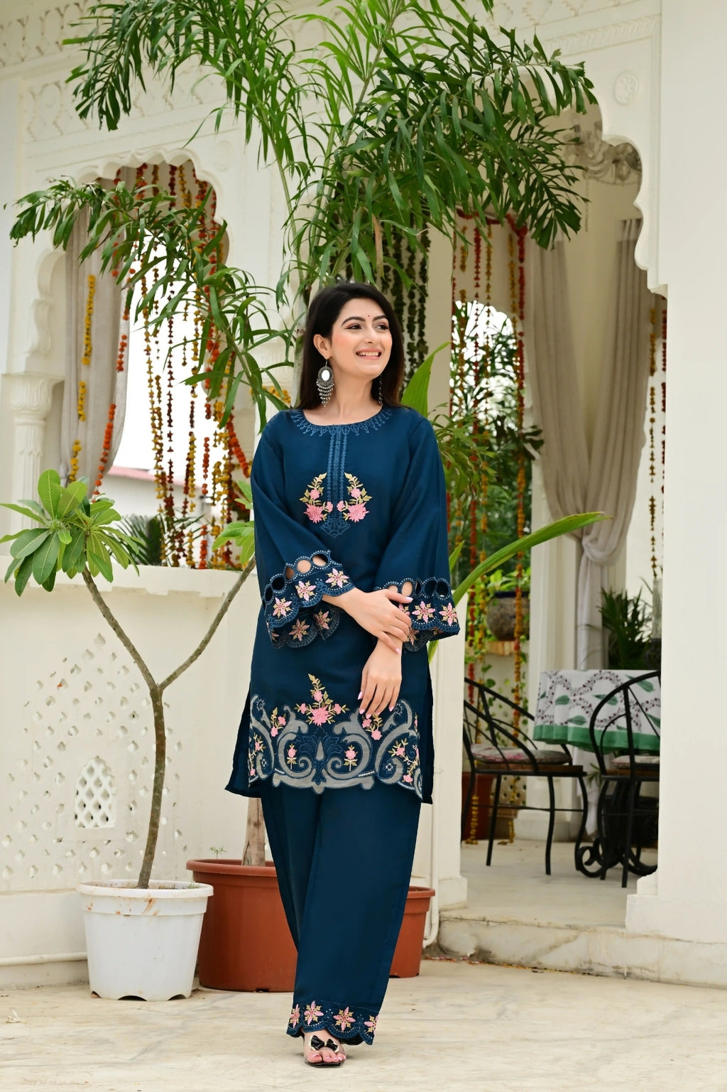 Teal Blue Organza Tissue 2-Piece Embroidered Cord Set