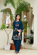 Teal Blue Organza Tissue 2-Piece Embroidered Cord Set