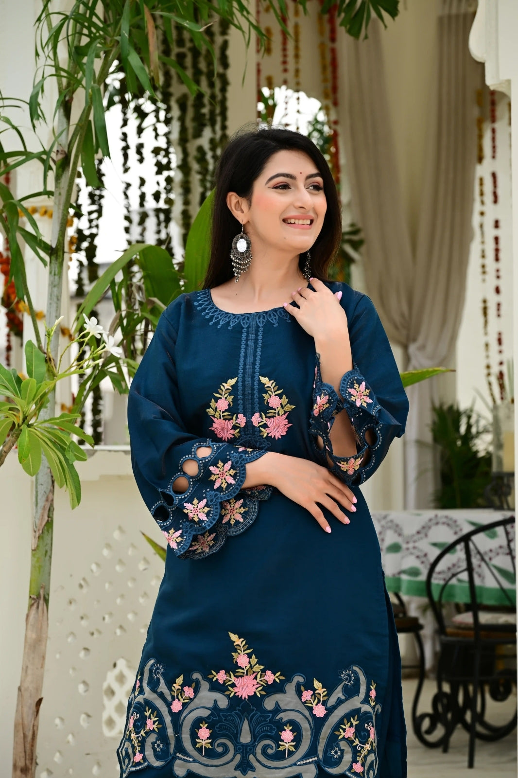 Teal Blue Organza Tissue 2-Piece Embroidered Cord Set