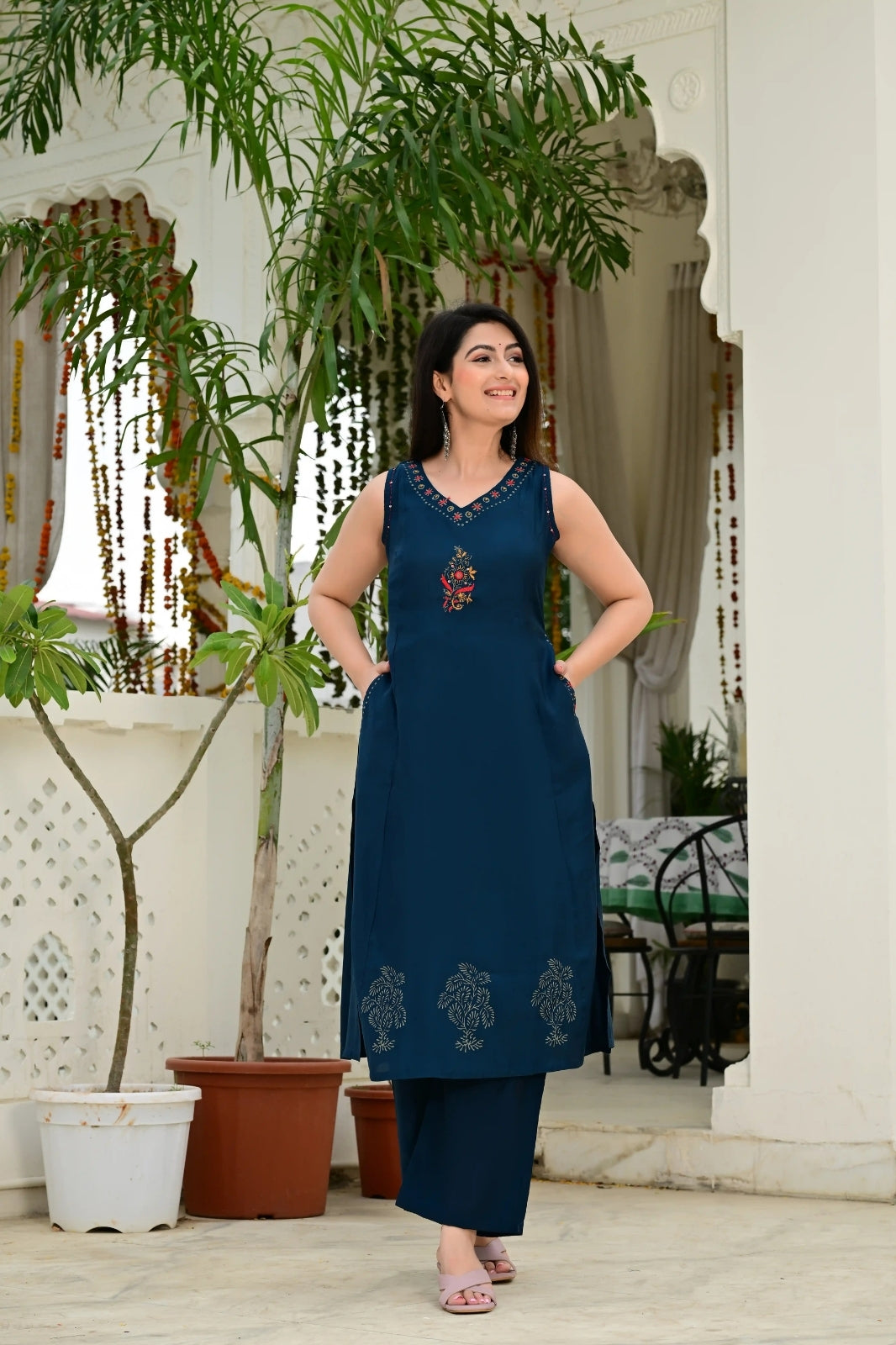 Blue Color 2-Piece Cord Set with Heavy Thread & Mirror Work