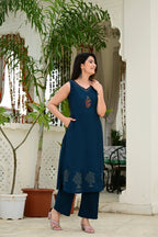 Blue Color 2-Piece Cord Set with Heavy Thread & Mirror Work