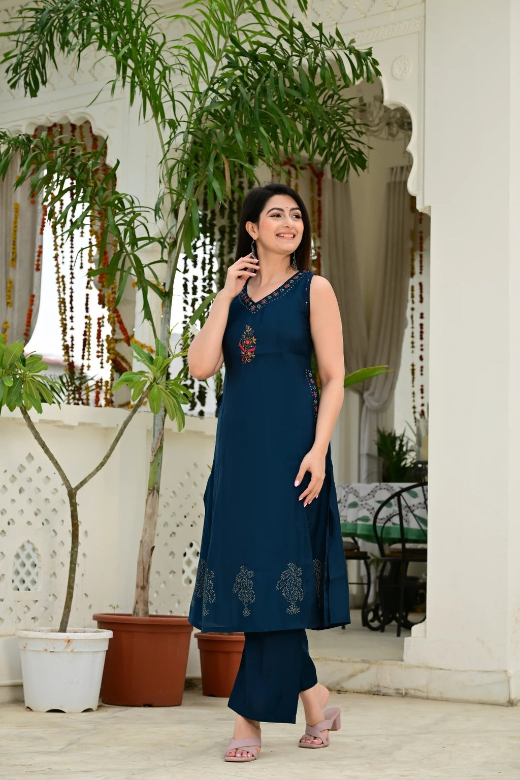 Blue Color 2-Piece Cord Set with Heavy Thread & Mirror Work