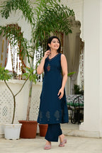 Blue Color 2-Piece Cord Set with Heavy Thread & Mirror Work